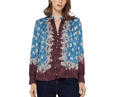 Current Air Floral Ruffled Blouse Long Sleeves Women s S Blue Brown Boho Cottage