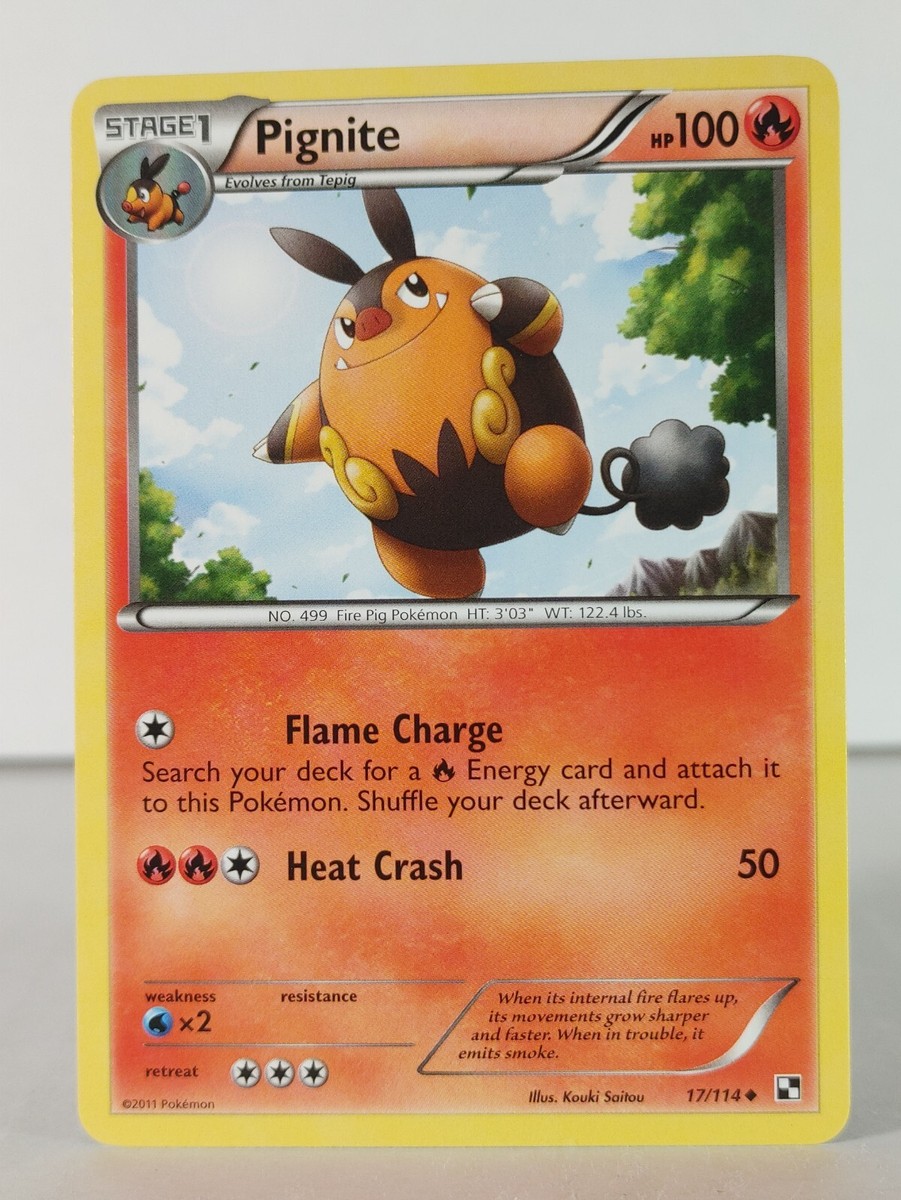pignite pokemon card Tepig, and Emboar from Legendary Treasures(2014)  these are definitely one of best story cards ever! Here you have the Tepig evolution line were you can see in each stage the Placeholder Image Provided Pignite (Friend Ball) - ME: