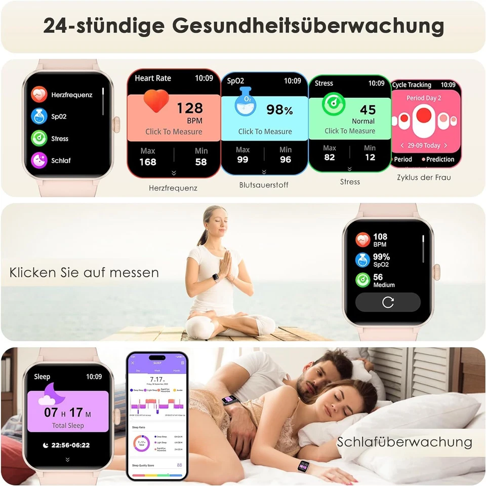 Smartwatch Damen Fitnessuhr Armbanduhr mit Pulsmesser Schrittzähler Sportuhr Uhr - Bild 3 von 4