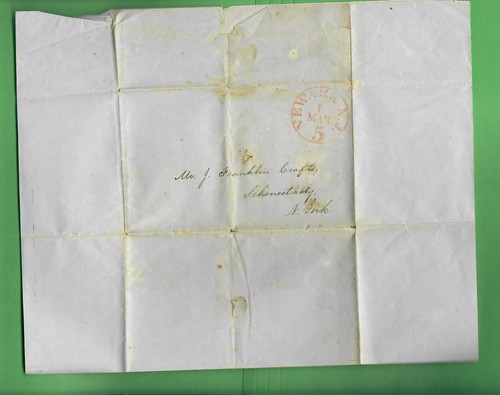 1850 STAMPLESS COVER & LETTER - NEWARK NEW JERSEY TO SCHENECTADY NEW YORK - RED