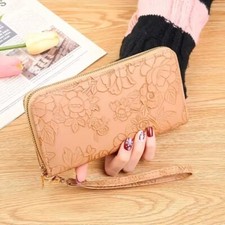Vintage Floral Embossed Large Phone Clutch Wallet zip Purse Women Gift Orange