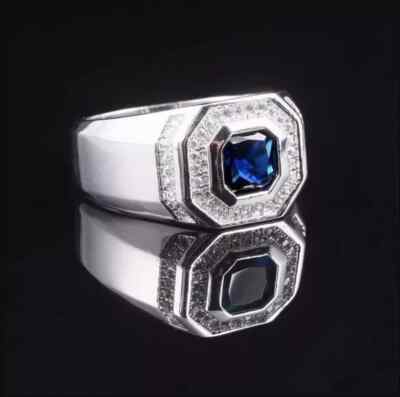 Men's Engagement Halo Ring 2Ct Lab Created Blue Sapphire 14K White Gold Plated