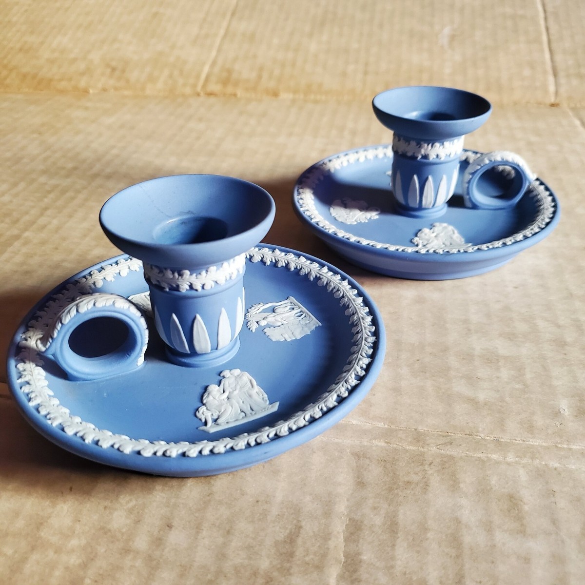2 Antique Wedgwood 19th c Blu Jasperware Chamber Stick Candlestick