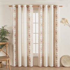 Boho Curtains 63 Inches Long 2 Panels Set for Living Room Cream Linen Embroid...