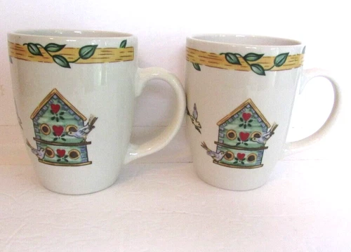 Thomson Pottery BIRDHOUSE Set Of 2 Stoneware Coffee Tea Cups Mugs
