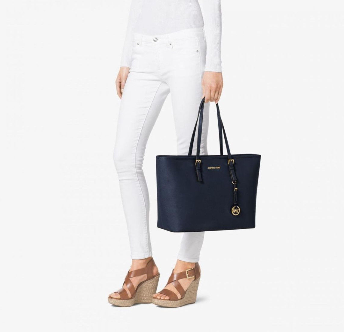 Michael Kors Jet Set Travel Saffiano Leather Tote 38F7GTVT3L Navy