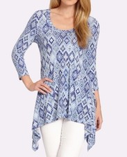 Karen Kane 2L08160 Blue Tile Geo Print Stretch Knit Handkerchief Top - MSRP $108