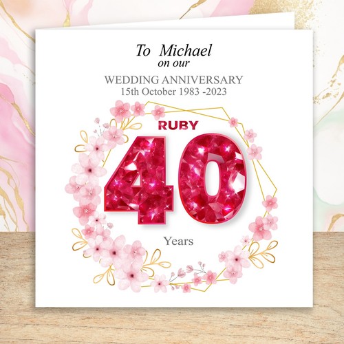 Tarjeta personalizada de 40 aniversario de boda rubí de 6""x6"" flores rosadas impresas - Imagen 5 de 5