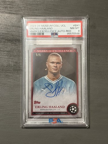 ERLING HAALAND PSA 2023-24 TOPPS MUSEUM COLL UCL MARKS OF EXCELLENCE RED AUTO /5