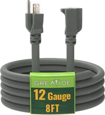 8 Ft Outdoor Extension Cord - 12/3 SJTW Heavy Duty Grey Extension Cable with 3 P