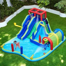 Kids Inflatable Water Slide Park Double Slide Splash Pool Basketball Hoop Blower