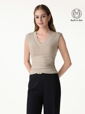 Sweat-Wicking V-Neck Wide Shoulder Ruched Bra Top-OGLmove|118717