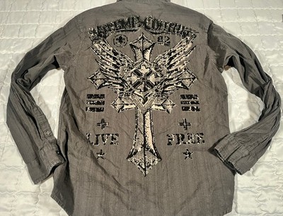 Xtreme Couture - Men's Large Gray Skull Cross Wings Graphic Button Up Shirt