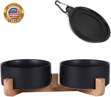 Ceramic Dog Cat Bowls Set with Stand,Black Pet Food and Water Bowl,Small Dog Bow