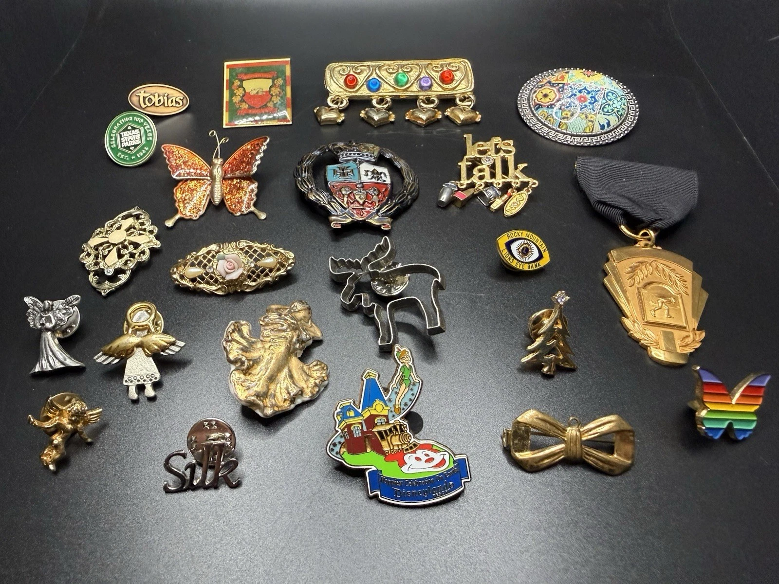 Lot 20+ Mixed Pins Brooches Disney Avon 1969 Medal Angel Butterfly Enamel Vtg