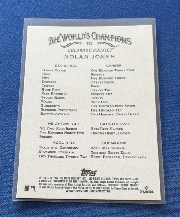 2024 Topps Allen & Ginter X #152 Nolan Jones Colorado Rockies - Image 2 of 2