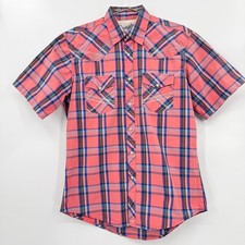 Wrangler 20X Western Shirt Coral  Blue Plaid Pearl Snaps Short Sleeves Cowboy