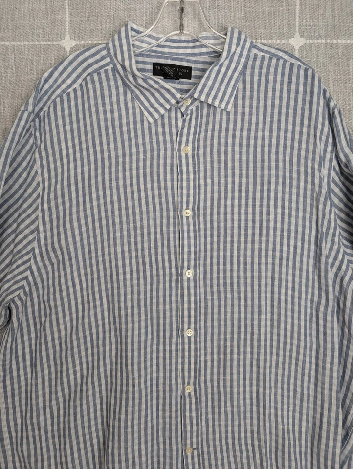The Mens Store At Bloomingdales Shirt Mens 2XL Blue Striped Linen Button Preppy - Image 2 of 4