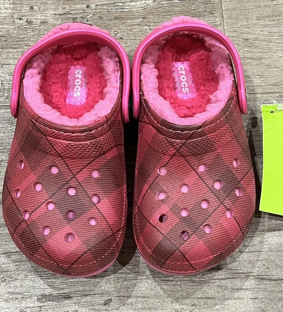 NEW CROCS C10 GIRLS CLASSIC PINK PLAID LINED CLOG. STYLE 203508 eBay