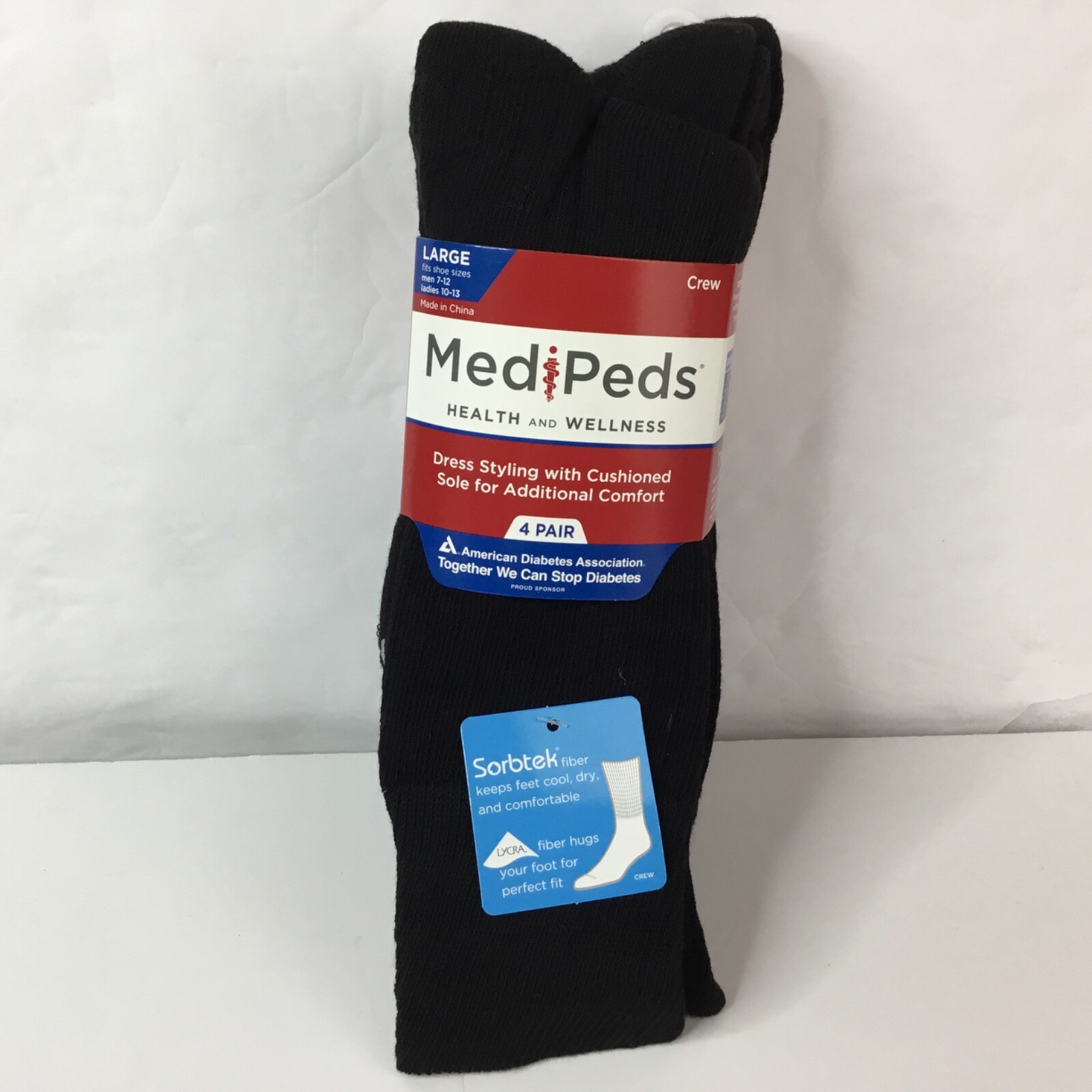 4 Pairs Men's Large 712 Black MediPeds Crew Socks for Diabetic’s