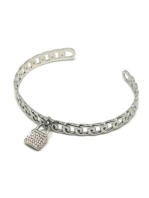 Armband Offener Saum Glieder mit Pampille Vorhängeschloss Diamanten Stahl versilbert - V1