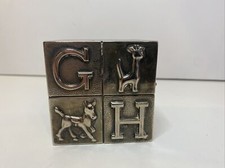 Vintage Infant Baby Shower Nursery Silver Plate Alphabet Block Bank - Patina 