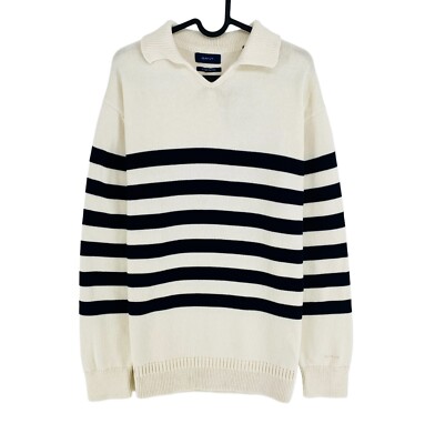 GANT Beige Gestreift V Ausschnitt Polo Pullover Pulli GRÖSSE