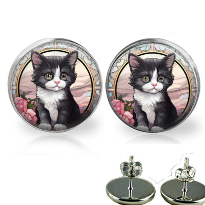 Black White Kitty Faux Stained Glass Art Tuxedo Cat Owner Gift Stud Earrings