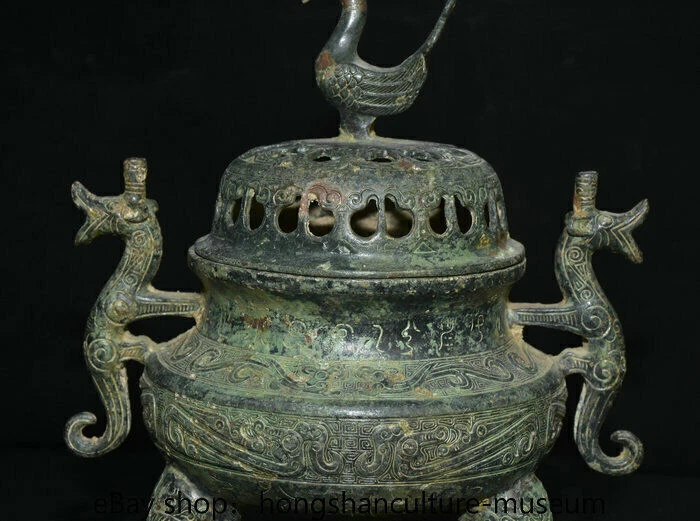10.8" China Antiguo Bronce Vajilla Dinastía Dragón Bestia Tapas Quemador Incienso Censario Foto 3 de 4