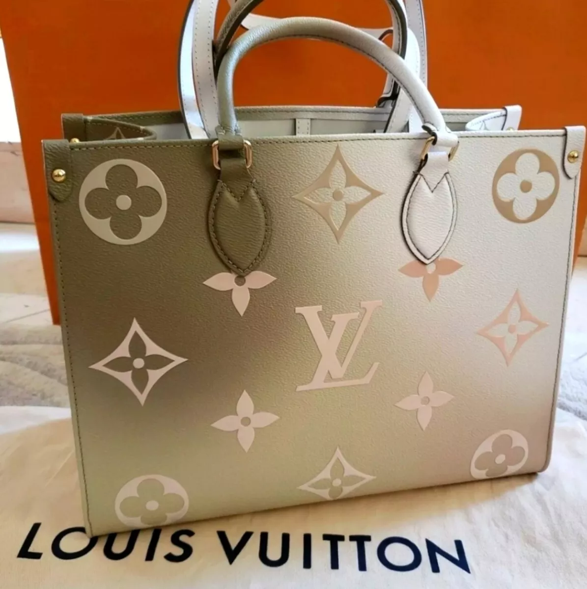 Louis Vuitton ONTHEGO MM Sunset Pastel Tote Beige Khaki Giant Flowr Monogram  Bag