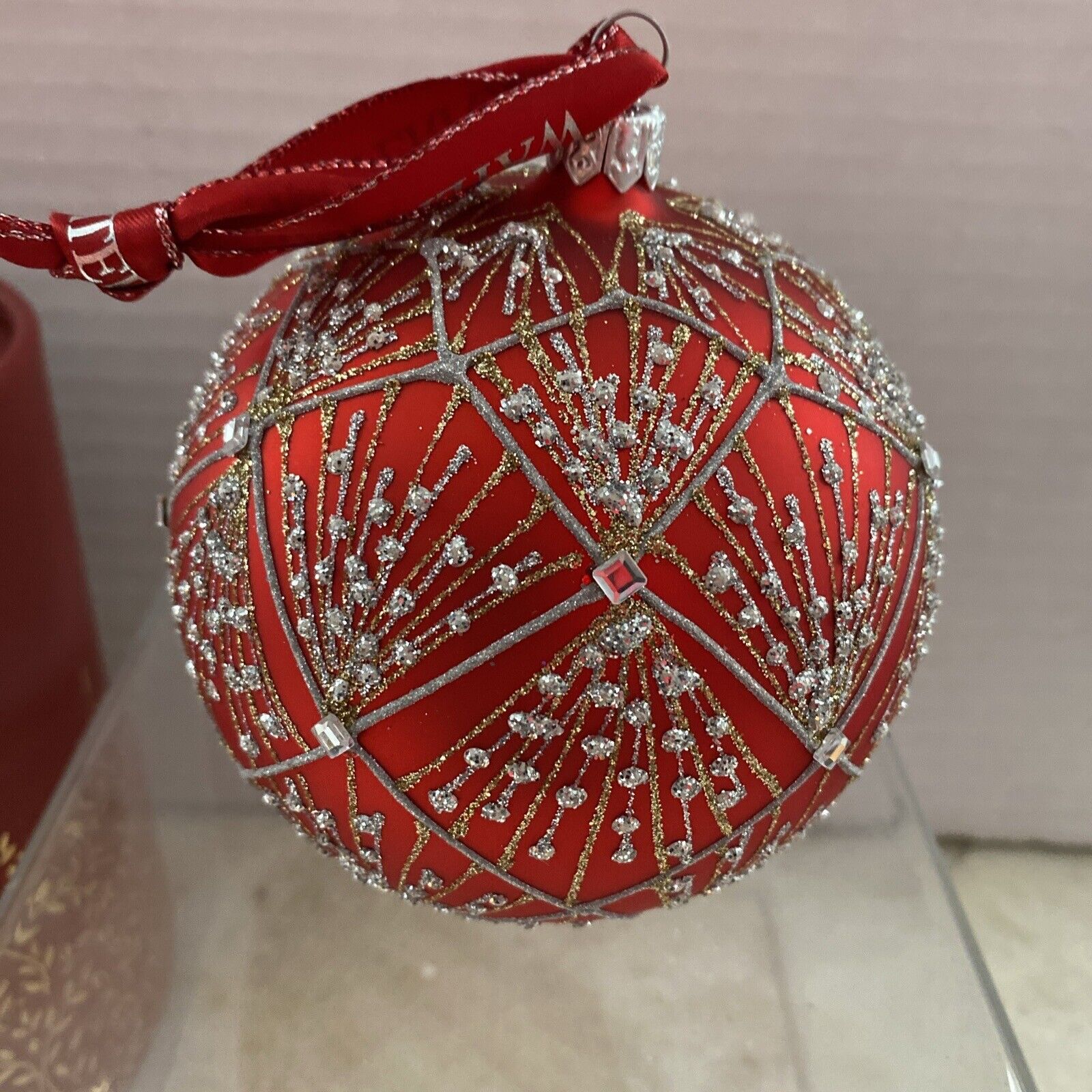 Waterford Holiday Heirlooms Red Tinsel Ball Ornament Box Tags Hanger  Poland