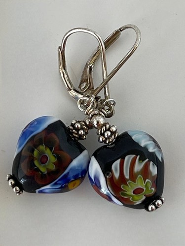 Italy Murano Glass Mosaic Millefiori Heart Earrings - Silver
