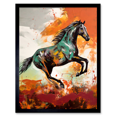 Wild Horse Galloping Across a Barren Landscape Framed Art Picture Print 9X7 In