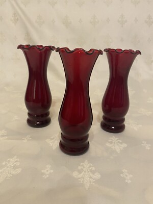 ANCHOR HOCKING ROYAL RUBY ROT AMERIKANISCHES GLAS GECRIMPTE KNOSPENVASE 1930ERer Set 3