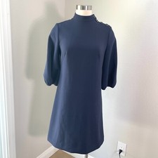 Ann Taylor Womens 4 Navy Button Shoulder Dress Half Sleeve Mock Neck