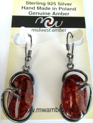 MIDWEST AMBER Sterling Silber Handgefertigt Polen Bernstein Ohrringe Neu mit Etikett