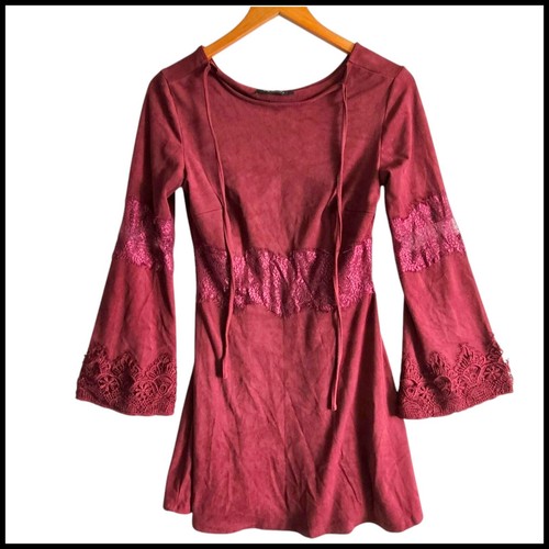 Romeo Juliet Couture Bell Sleeve Dress Lace Trim Boho Mini Maroon M