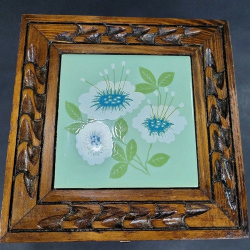 Vintage Hand Carved Wood Tile Top Trinket Jewelry Box Rustic Boho Floral - Picture 4 of 12
