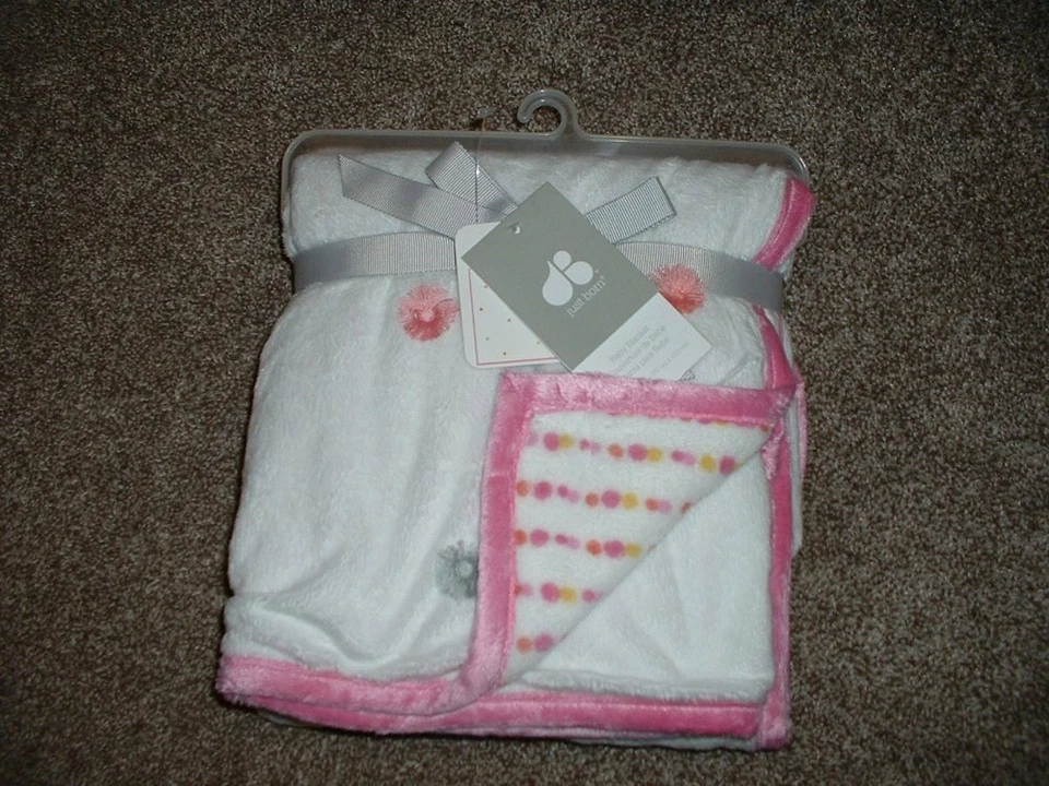 Just Born White Pink Fringe Colored Dot Baby Blanket Minky Fleece Girls NWT RARE - Image 4 of 4