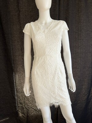 Womens Songyang Dress Bodycon Cap Sleeve Pencil V Neck Lace White Zipper S
