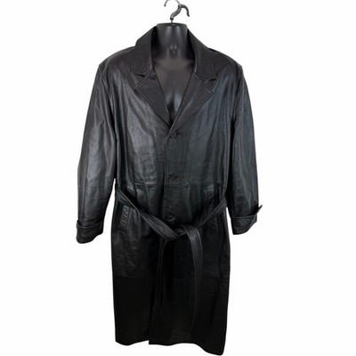 Wilson s Leather Trench Coat Size XXL Belted Black Genuine Leather Button Front