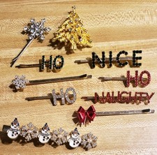 Christmas Holiday Rhinestone Baub Lebar Hair Tie Pins Clips Snow Flake Man Lot