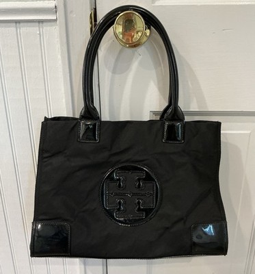 Tory Burch Women s Small ELLA Nylon/Patent Logo Tote Bag Black 9 X 13
