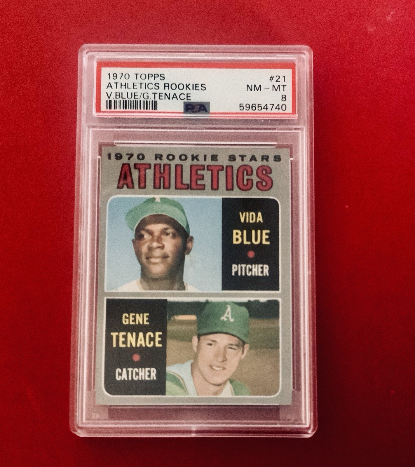1970 Topps Baseball  # 21 - ATHLETICS ROOKIES VIDA BLUE, GENE TENACE - PSA 8