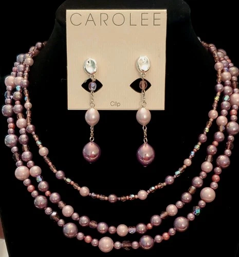CAROLEE Vtg Necklace/Earring Set, Pearls of Lavender & Pink, Silvertone Accents