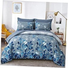 7 Piece Navy Botanical Bed in a Bag Floral Comforter Set - Elegant King Blue