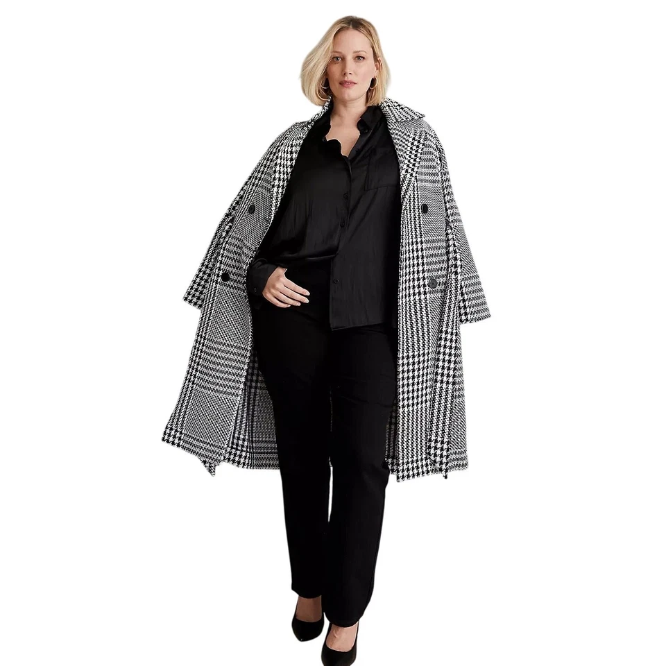 Abrigo Lane Bryant doble botonadura a cuadros trinchera para mujer talla 24 negro blanco Foto 4 de 4