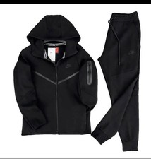 Nike Men's Black Hooded Fleece Tracksuit Set Jacket  Jogger Pants Polyester