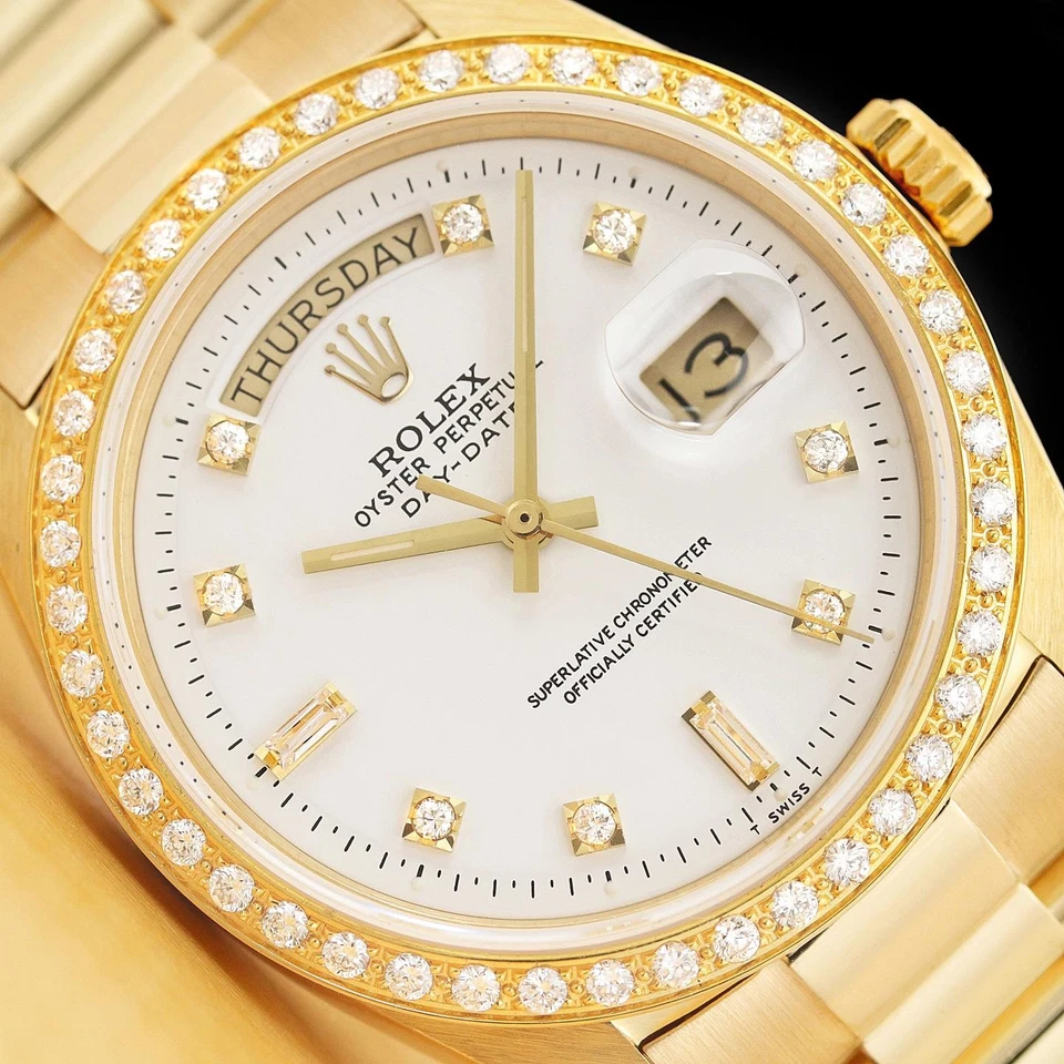 ROLEX MENS DAY-DATE PRESIDENT WHITE DIAL DIAMOND BEZEL 18K YELLOW GOLD WATCH