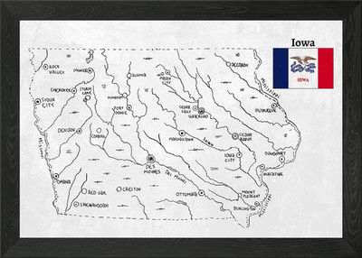 Hand Drawn Map of Iowa Framed Wall Art Poster Canvas Print Picture